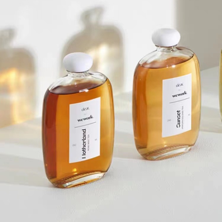 批发ins风透明玻璃饮料瓶250ml磨砂奶茶咖啡果汁瓶子分装扁小酒瓶