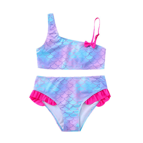 Bikini set for girls with oblique fish-scale print, new style separate bikini for children, swimsuit swimwear for girls