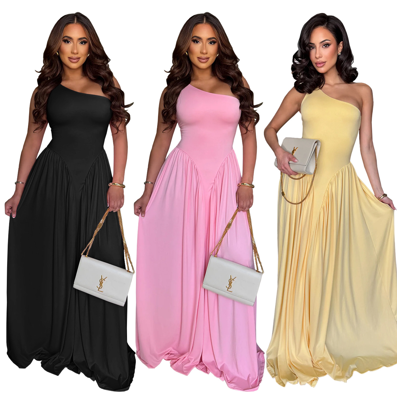 C7680 Aliexpress transfronterizo Amazon Europa y América moda de mujer temperamento cintura reducida espalda delgada vestido de hombros inclinados