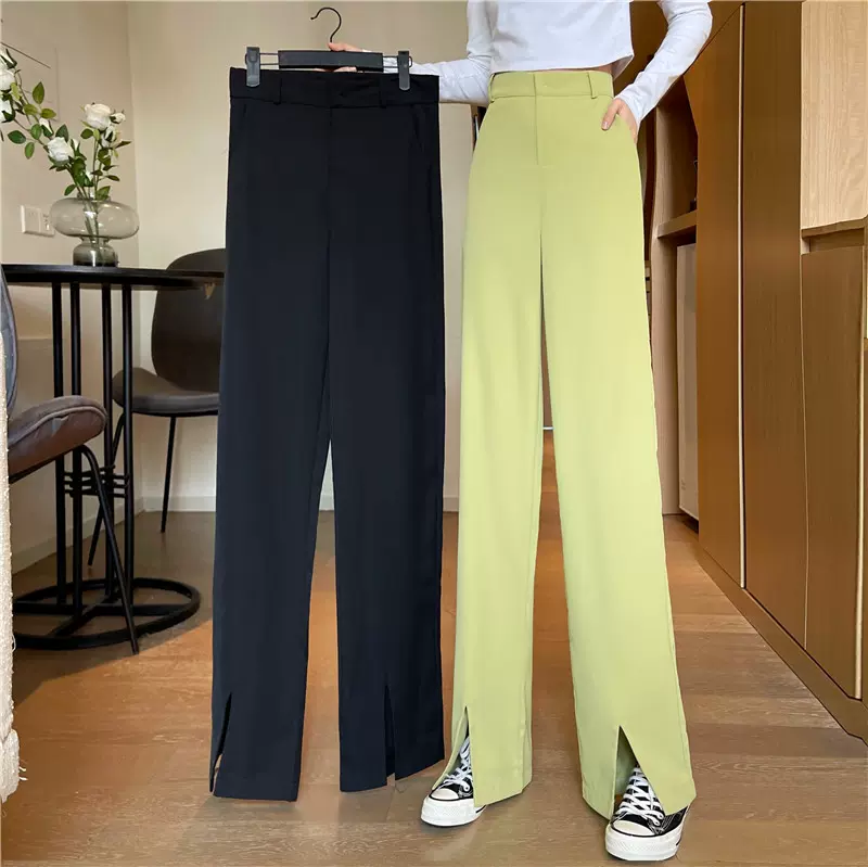 2021秋季新款女装宽松显瘦开叉阔腿女直筒西装裤高腰垂感拖地裤潮