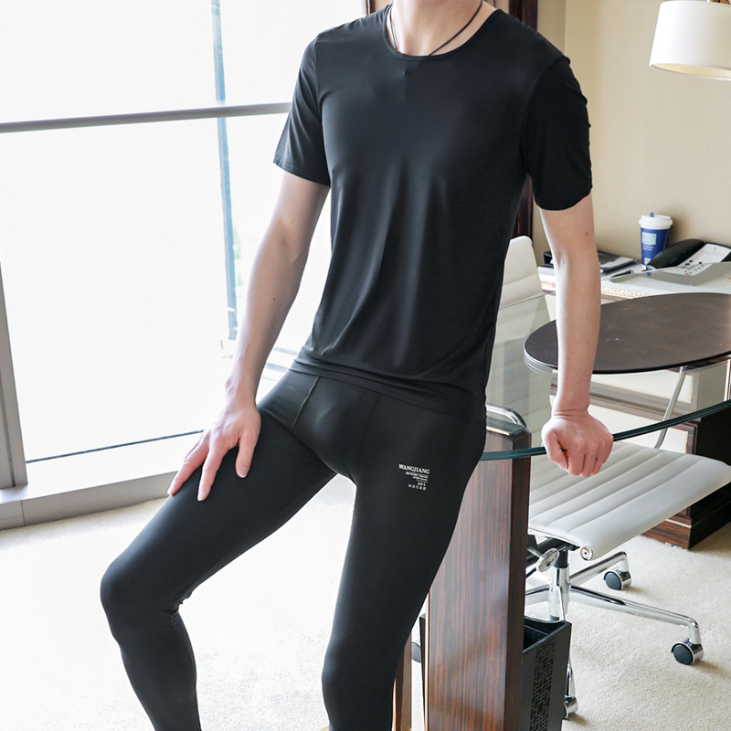 Summer Men's Home Clothes suit Ice Silk Ultra-thin Tight Mask Clothes Silky Cool High Elastic Short-sleeved suit Men