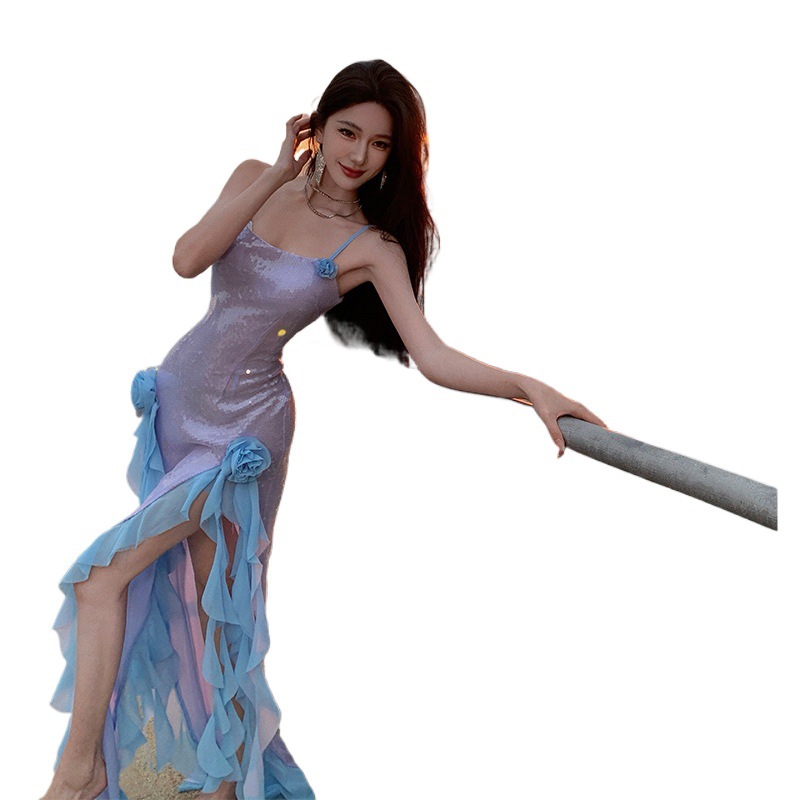 Robe longue élégante à sequins, style vacances, pour une allure romantique et sexy lors de vos soirées et rendez-vous en bord de mer._voghion.com