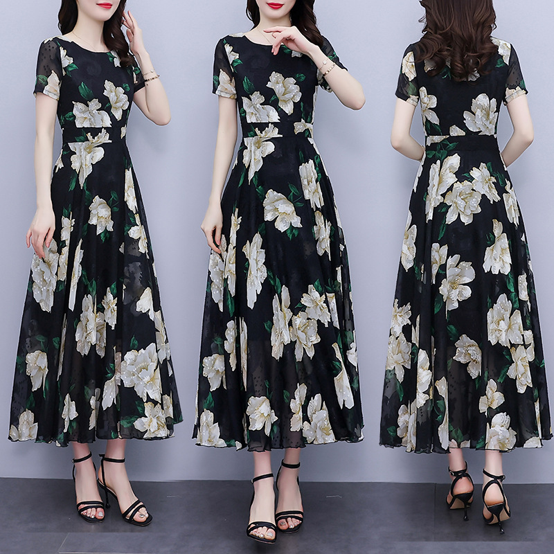 2024 Mother's Printed Short-sleeved Dress Women's Belt Tight Waist Slimming Age-reducing Western Style Oversized Mid-length Dress