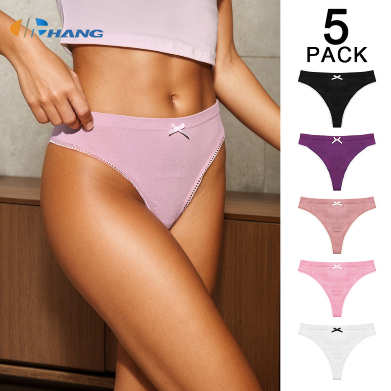 Solid Color Thong Women's Pure Cotton Crotch Briefs High Elasticity Ladies' Bow Low-Waist Panties Sexy Custom Cross-Border