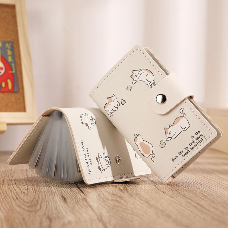 Simple Drawing Cute Cat Card Holder, Lovely Small Women's Compact ID Bag, Large Capacity Multi-Card Slot Card Clip, Student Coin Slot Storage Bag