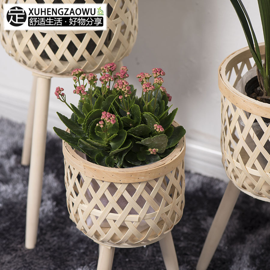 Maceta de ratán nórdico personalizada pequeña, soporte de flores de piso alto de madera para interiores, dibujos, muestras, grandes descuentos personalizados
