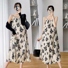 网红孕妇装2025夏季新款气质减龄印花百折吊带裙+防晒开衫两件套