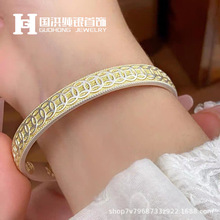 国洪纯银首饰 足银9999描金铜钱币小众高级感招财开口手镯节日送