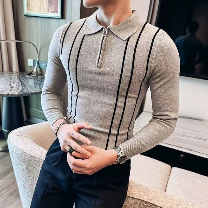 Schmal geschnittener Polo-Strickpullover für Herren mit halbem Reißverschluss und Streifenmuster – atmungsaktiv, dehnbar und maschinenwaschbar – Business-Casual-Pullover_voghion.com
