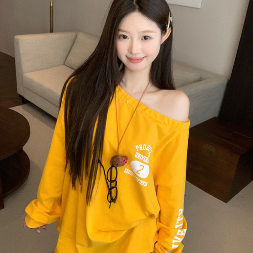 Alphabet print off-shoulder long-sleeved hoodie women's autumn new design loose medium-length casual large version top 
