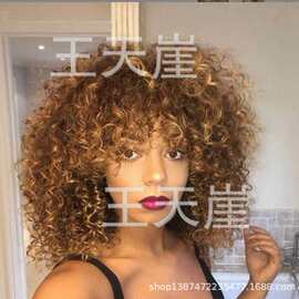 2022欧美新款假发 非洲小卷手工绕管金色刘海短卷发现货厂家批发