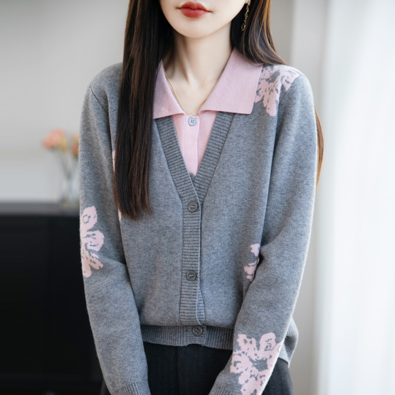 品牌同款假两件毛衣女秋冬新款设计感撞色提花polo领针织开衫上衣|undefined