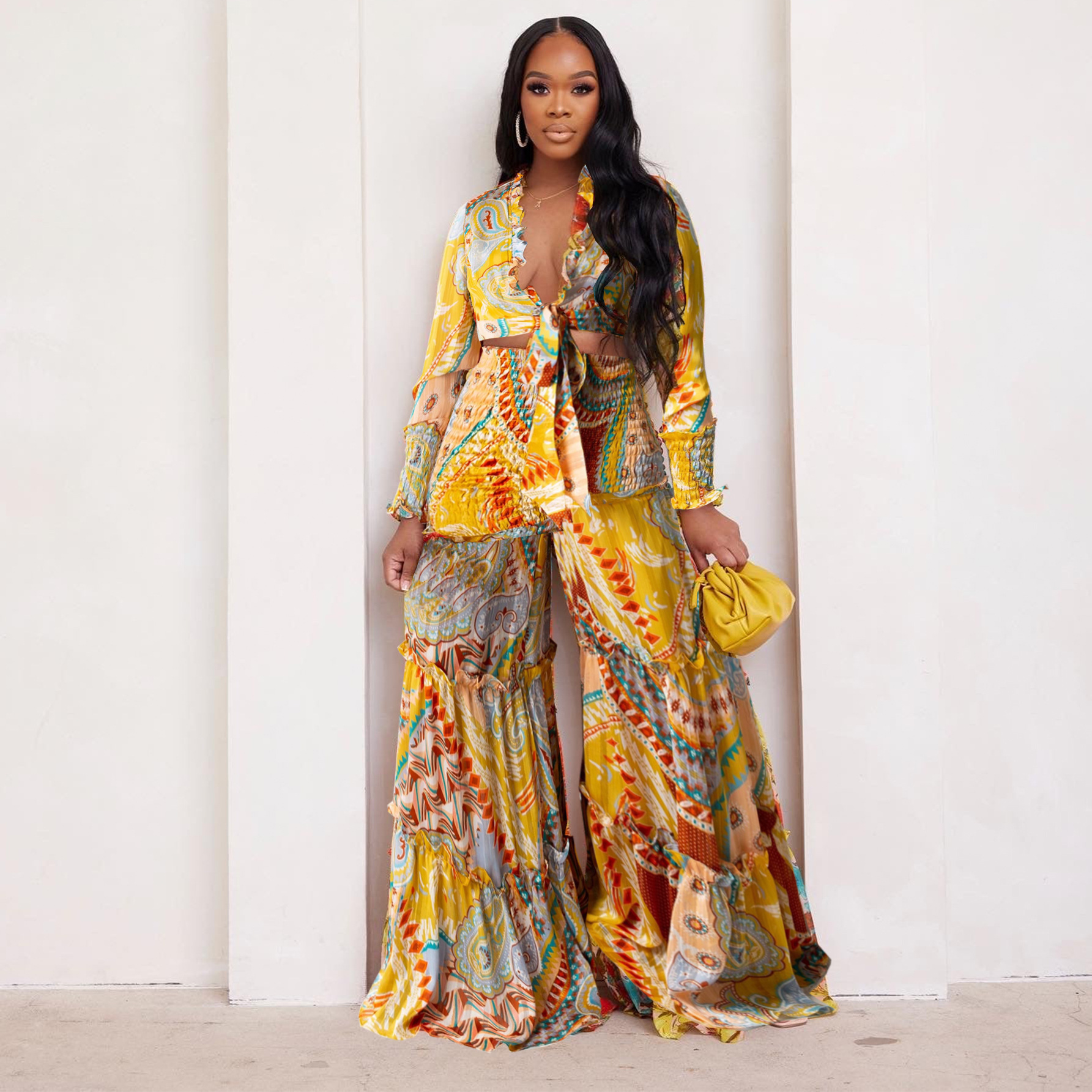 Women's Clothing fashion contrast color printed chiffon long sleeved lace up flared pants two piece suit _voghion.com