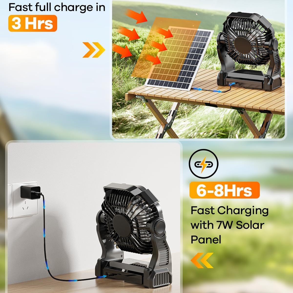 Lámpara Ventilador Portátil para Camping con Luz LED Recargable de 3 Velocidades