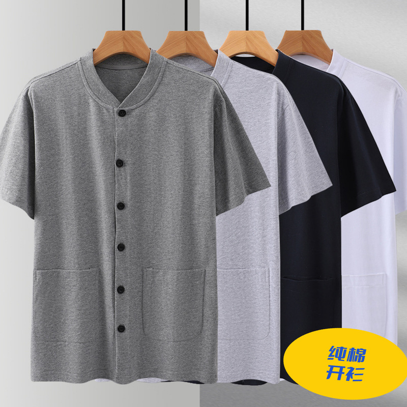 Grandpa summer cotton short-sleeved T-shirt dad top cotton cardigan middle-aged loose clothes placket buckle Grandpa summer cotton short-sleeved T-shirt dad top cotton cardigan middle-aged loose clothes placket buckle