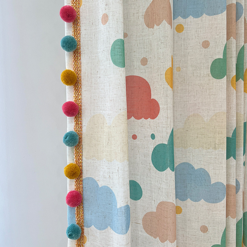 Yuanjl Children's Room Window Screen New Style Bay Window Short Curtain Cute Cartoon Cloud Cotton Linen Playful Children's Curtain