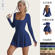 跨境爆款美背高尔夫连体网球裙跑步运动健身含短裤瑜伽服长袖短裙