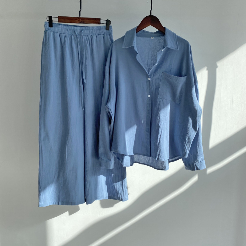 2023春夏跨境棉麻复古大码两件套女宽松长裤衬衫套装女外贸批发|undefined