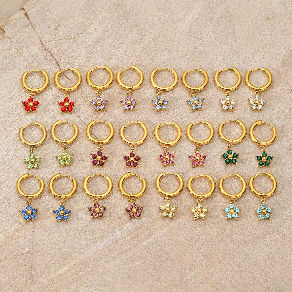 十二月生辰石简约花朵耳环女彩色水钻个性不锈钢镀金圆形耳环批发