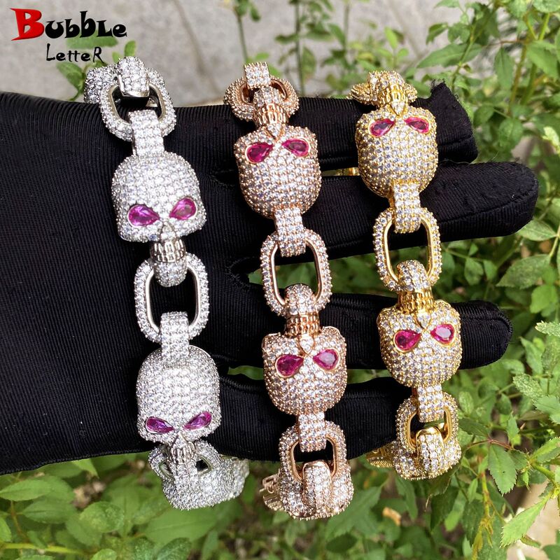 European and American Cross-border Latest Men's Ice Skull Bracelet Cuban Chain Fork Cubic Zirconia Hip-hop Fashion Jewelry