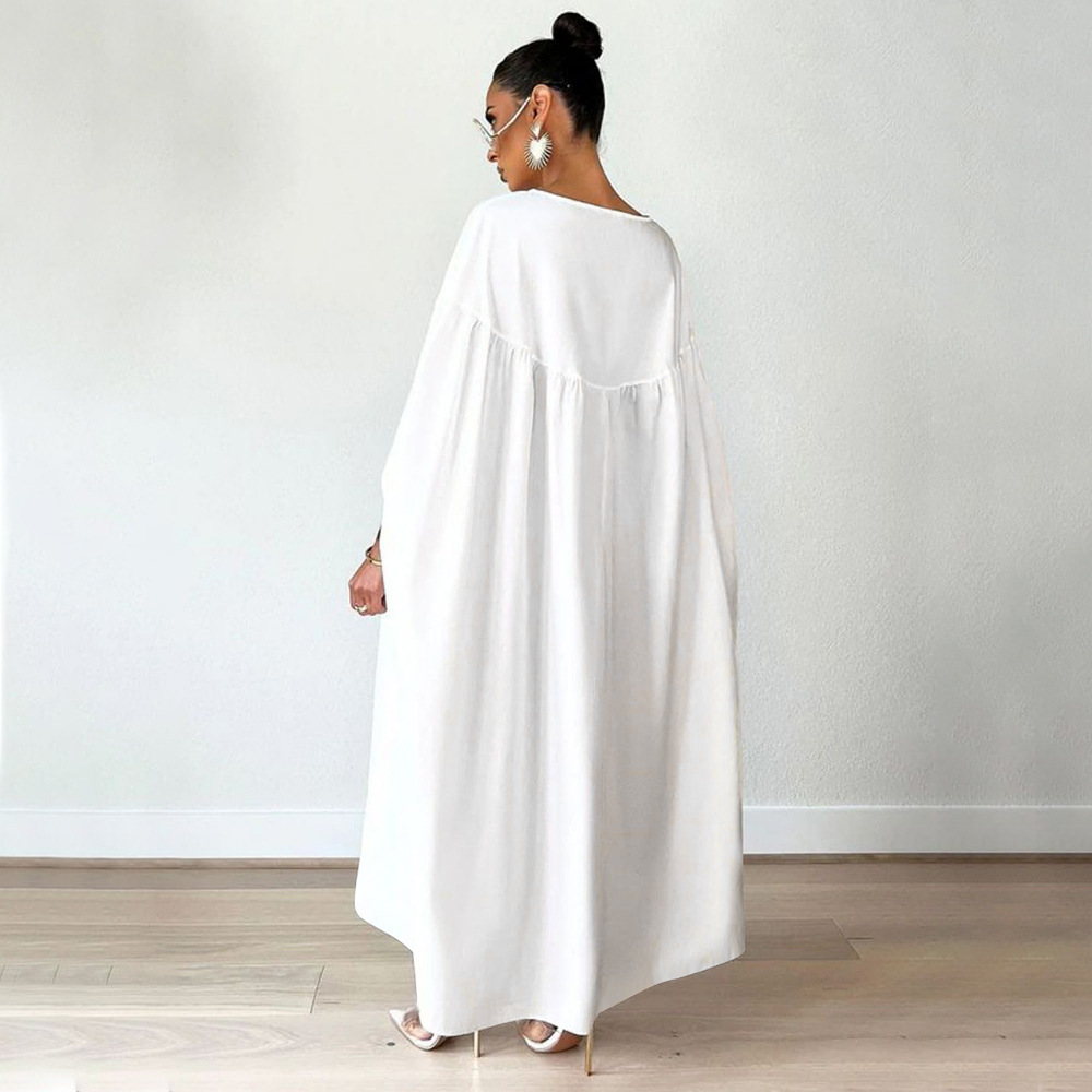 Women Clothing Autumn Winter Solid Color round Neck Loose Pleated Irregular Asymmetric Dress