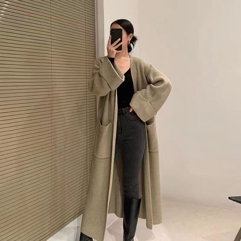 Autumn and Winter New Long Sweater Flap Pocket Pants Cardigan Loose Retro Lazy Style Buttonless Thick Knitwear Sleeve Outwear for Women