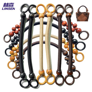 Wooden bead handle Rattan woven basket carrying ring vintage handbag accessories nylon rope handle handmade bag accessories bag belt