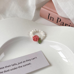 貓眼石粉色小花彈力串珠戒指輕奢小眾設計食指戒甜美氣質百搭指環