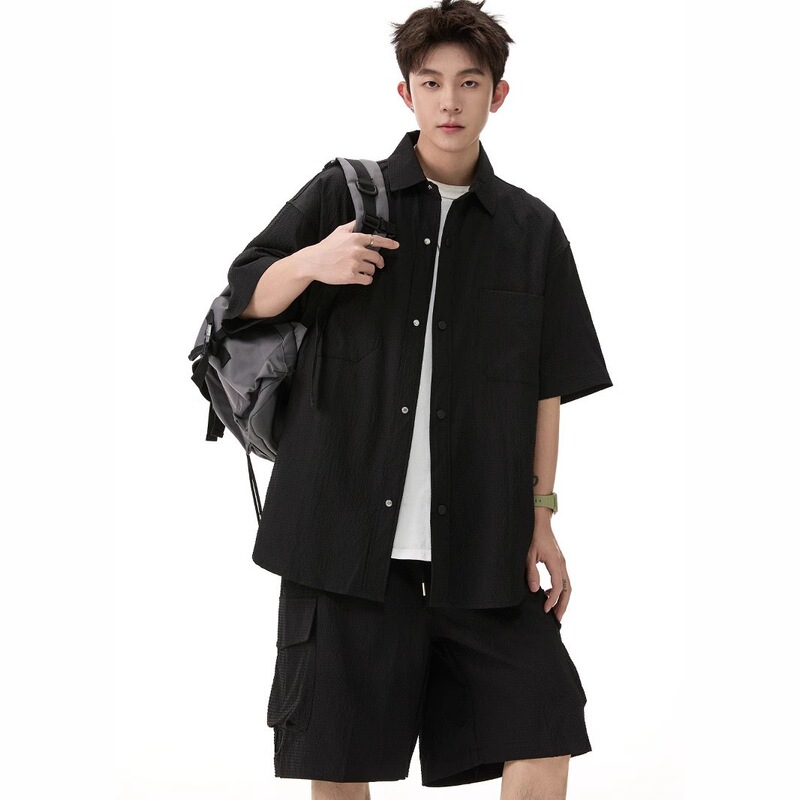 Navy Blue Loose Casual Shirt Short-Sleeved Suit for Men, Summer Seersucker Shorts, Stylish Outfit, Complete Set