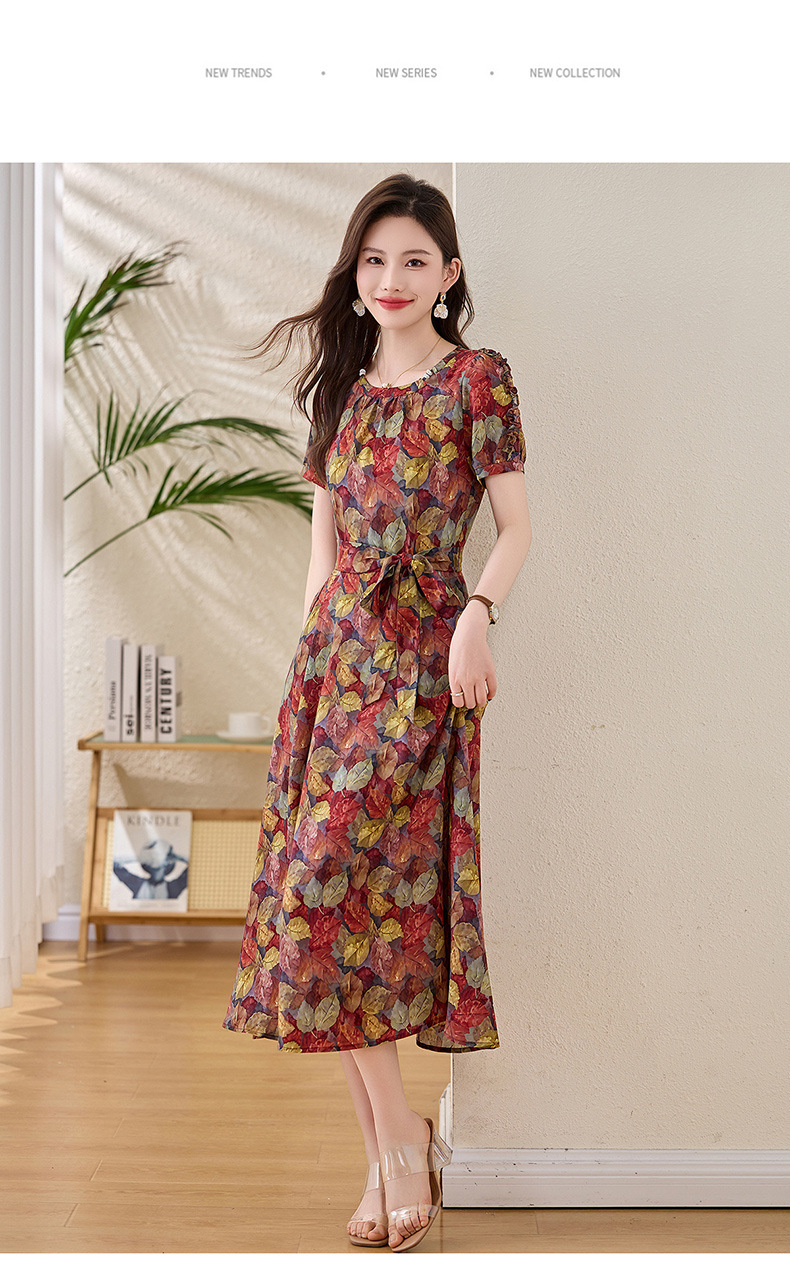Váy liền hoa maxi nữ thắt eo thanh lịch mùa hè 2025 tay ngắn ôm eo — hoa đỏ, hoa hồng chi tiết 15