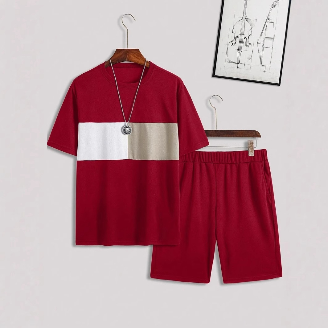 Traje de hombre con estampado digital 3D a rayas en contraste, camiseta, traje deportivo para hombre, cuello redondo, pantalones cortos con cordón de manga corta