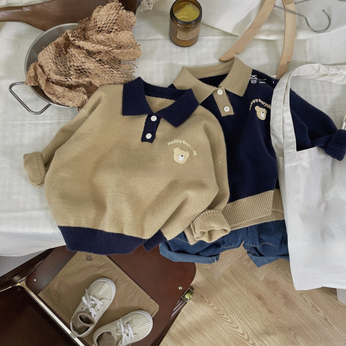 Spring  New Korean Print Forest Style Loose Knit Sweater for Boys and Girls, Children's POLO Collar Stylish Trendy Children's Clothing