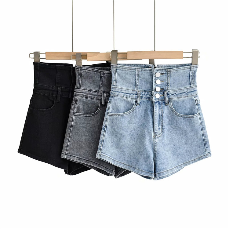 waist strap design stretch jeans shorts NSLD36438