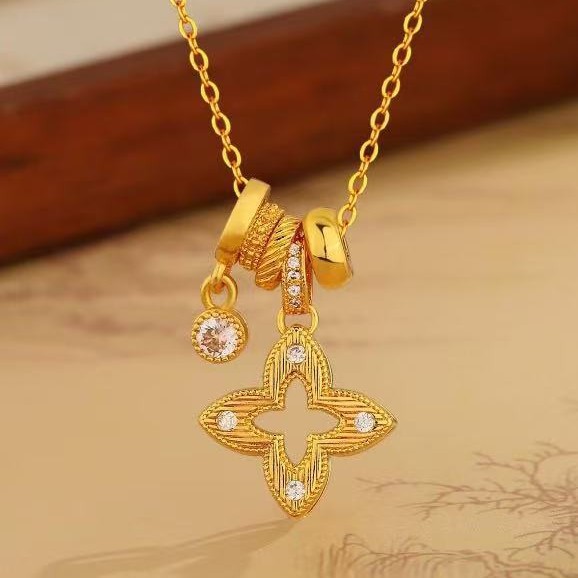 Gold Glitter Zirconium Cut Out Four-Leaf Clover Pendant Necklace Women's Accessible Luxury Niche High-End Sweater Chain Accessories Long Neck Necklace