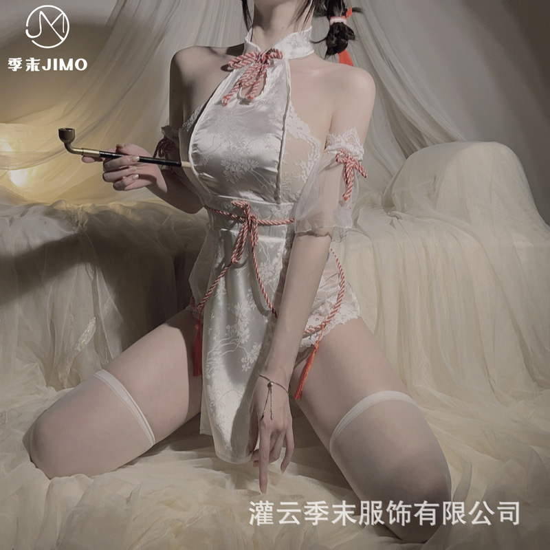 Sexy lingerie sexy pure desire hollow cheongsam stand collar drawstring bag hip pure desire ancient style lace Hanfu pajamas suit Sexy lingerie sexy pure desire hollow cheongsam stand collar drawstring bag hip pure desire ancient style lace Hanfu pajamas suit
