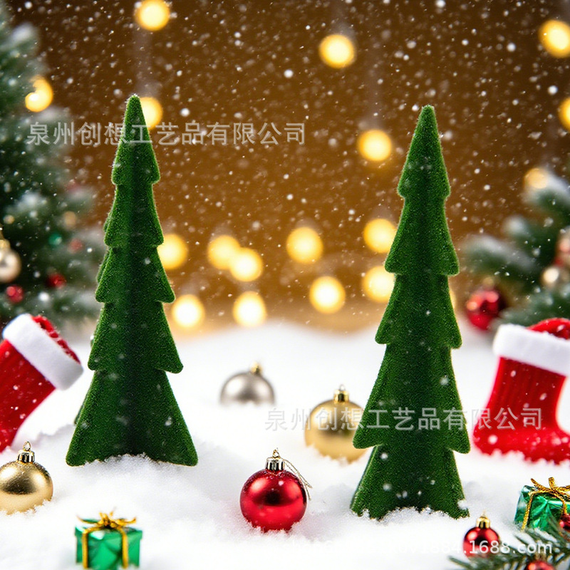 美式跨境植绒圣诞树摆件套装家居桌面落雪场景树脂装饰圣诞树摆件|undefined