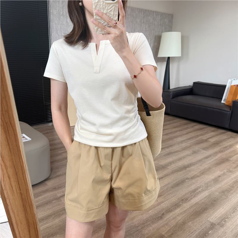 宝物Tシャツ！アセテートシルクスタックカラーTシャツ、薄くて硬い、ウエストが小さく、プリーツ、右肩痩身、半袖通気性トップ|undefined