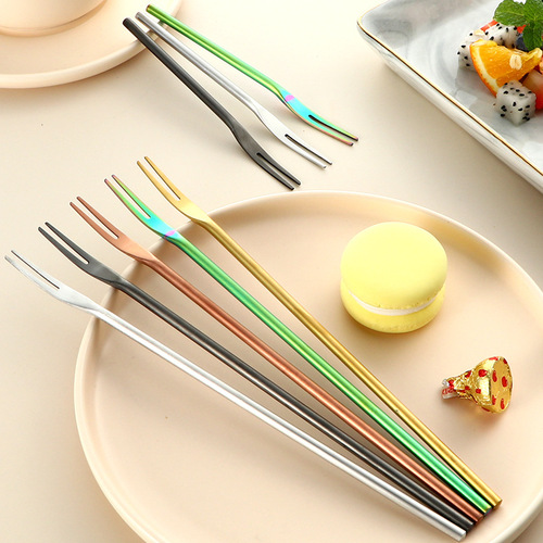 Creative Japanese style 304 stainless steel sanded solid fruit fork with long handle, round handle, mooncake dessert cake, 2-tooth fruit pick
