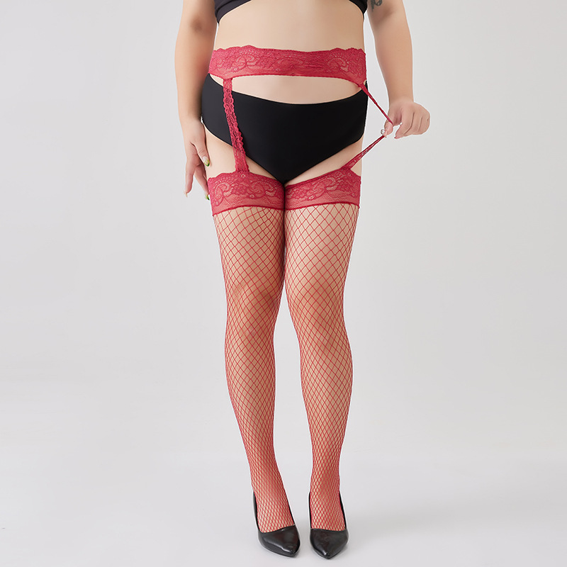 Plus-Size Lace Fishnet Stockings with Sexy Hollow-Out Design, Color-Blocking, Cross-Border Style, Long Tube One-Piece Stockings for Curvy Women