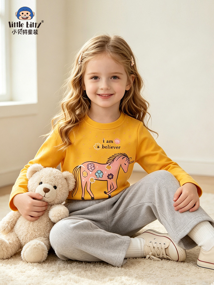 Cross-border supply autumn girls' long-sleeve T-shirt with cute cartoon unicorn and flower print, children's round-neck base shirt