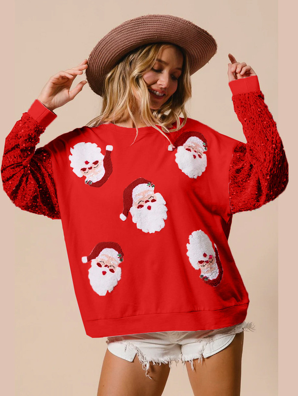 アマゾンの新型の越境欧米の婦人服の甘いスパンコールの袖の百合の上着のクリスマスの長袖の服の女性|undefined