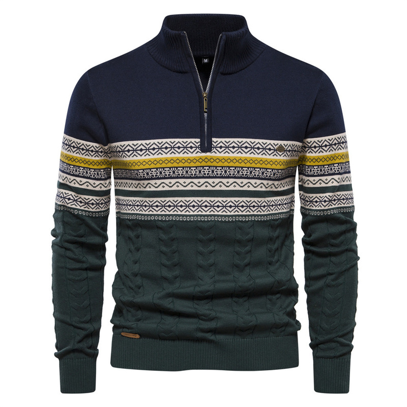 Autumn and Winter New European Size Stand Collar Men's Sweater with Half Zipper, Cotton Men's Patchwork Casual Knitwear in Navy Blue Autumn and Winter New European Size Stand Collar Men's Sweater with Half Zipper, Cotton Men's Patchwork Casual Knitwear in Navy Blue