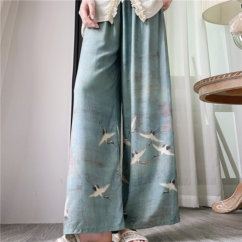 Pantalones de pijama de seda de algodón para mujer Pantalones de pierna ancha casuales impresos de dibujos animados delgados de verano las mujeres embarazadas pueden usar pantalones de comercio exterior pantalones de una sola capa