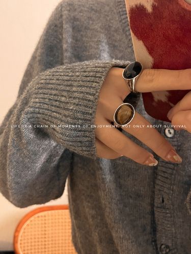 Copper-plated white and gold, French retro Maillard style, cool and fashionable tiger's eye natural stone ring finger accessory