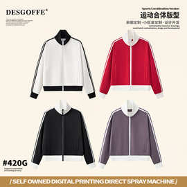 DE女装|短款街潮撞色复古拉链外套女美式跨境420G重磅条纹拉链衫