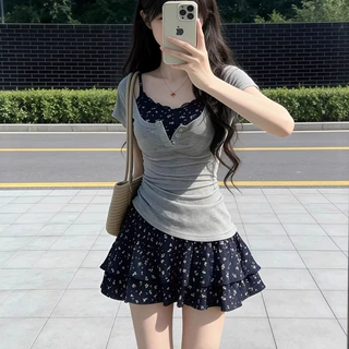 甜辣风穿搭半开领灰色短袖T恤+碎花吊带裙短裙两件套女夏跨境批发