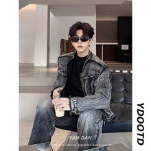 美式复古水洗毛边短款高街牛仔外套男时尚痞帅机车夹克造型师穿搭