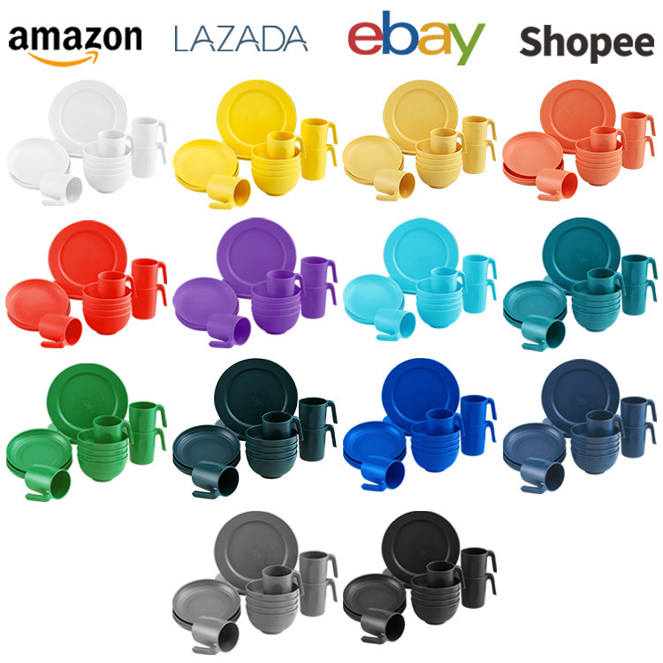 Amazon Cross-border Plastic Flat Plate Set 16 Outdoor Picnic Camping Style Barbecue BBQ Plastic Plate Bowl Cups