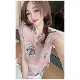 现货新中式印花减龄V领盘扣衬衫女时尚气质上衣复古文艺茶服上衣