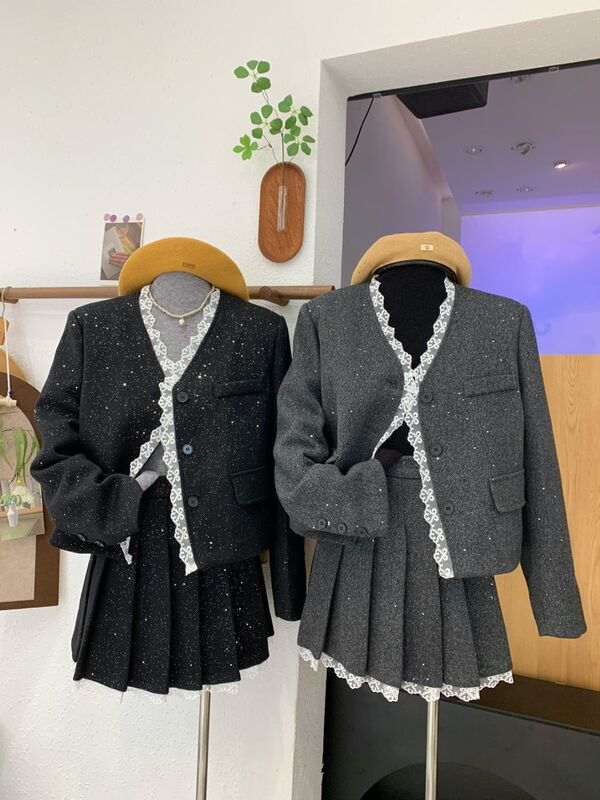 Trendy Fashion 2025 New Lace Skirt Splicing Chanel-Style Suit Set High-End down Jacket Selection Trendy Fashion 2025 New Lace Skirt Splicing Chanel-Style Suit Set High-End down Jacket Selection